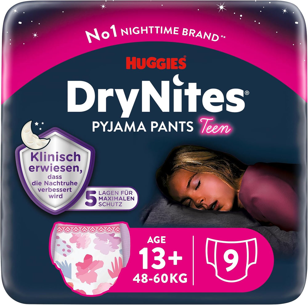 Huggies DryNites éjszakai ágybavizes pelenkák lányoknak 13-kb. 17 éves korig (48-60 kg) 27 darab (3x9) havi csomagban bugyi pelenkák