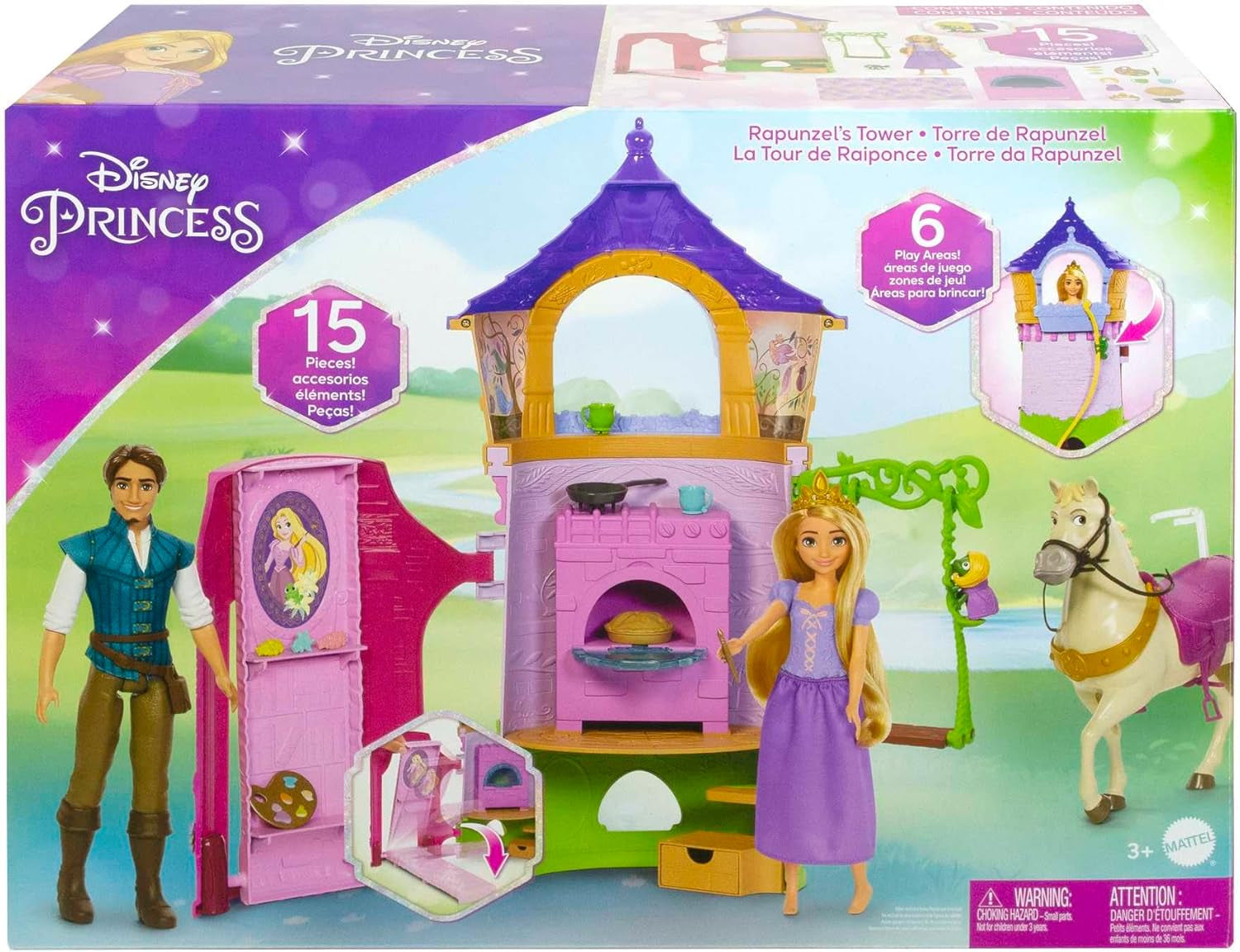 Disney Princess HMV99 - Păpușă Rapunzel mobilă și turn de joacă cu distracție pe tot parcursul, 6 zone de joacă și 15 accesorii, inspirat de filmul Disney, jucării pentru păpuși de la 3 ani Papusi Naty Shop