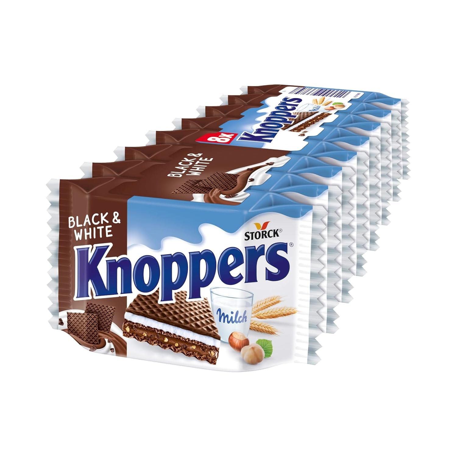 Fehér és fekete Knoppers – 8 x 25g – Sötétkakaós ostyával töltött ostyaszeletek, fekete kekszdarabok, tej és nugátkrém