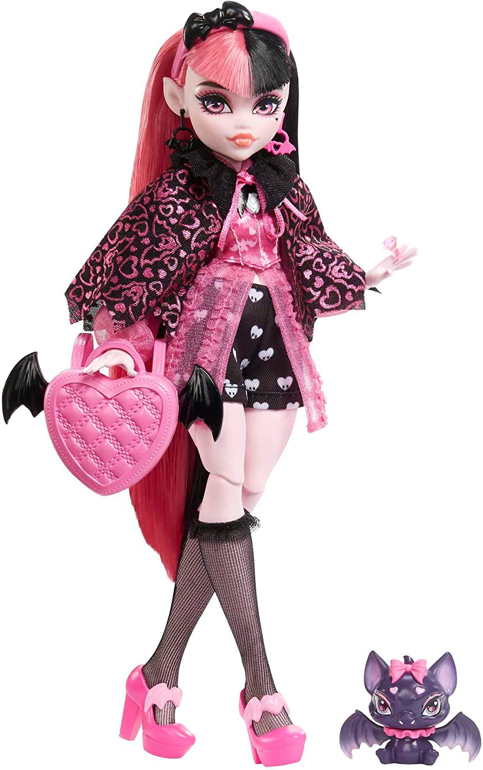 Monster High Draculaura baba kedvencével, gróffal Mesés denevér macskával és olyan kiegészítőkkel, mint a hátizsák, varázskönyv, bento doboz és egyebek, HRP64 Naty Shop Dolls Vamp-finom divat