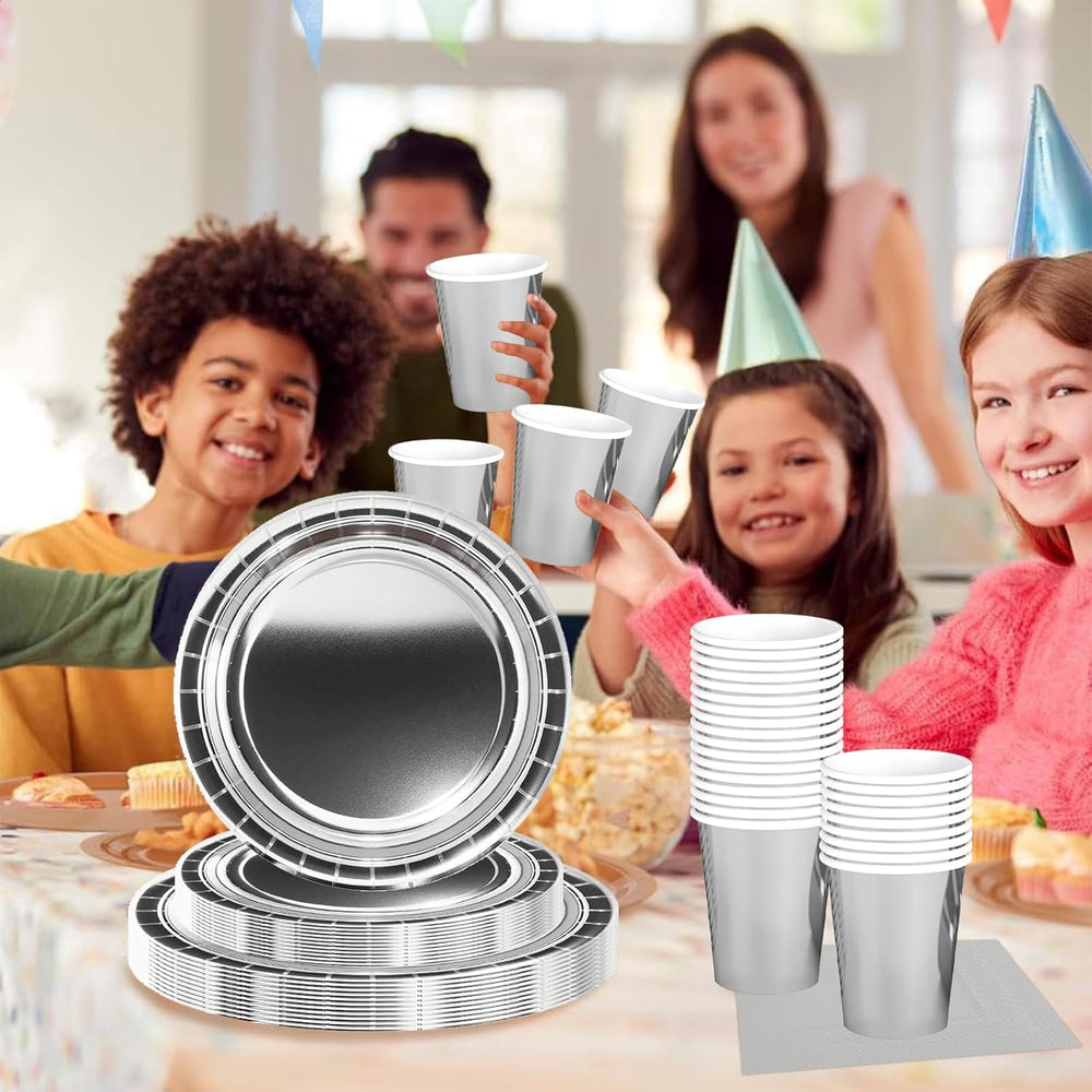 Set de tacâmuri din hârtie argintie, format din 68 de piese, farfurii de hârtie argintii, pahare de hârtie, șervețele, tacâmuri decorative pentru petreceri, zile de naștere, nunți, Revelion, absolviri, articole pentru petreceri