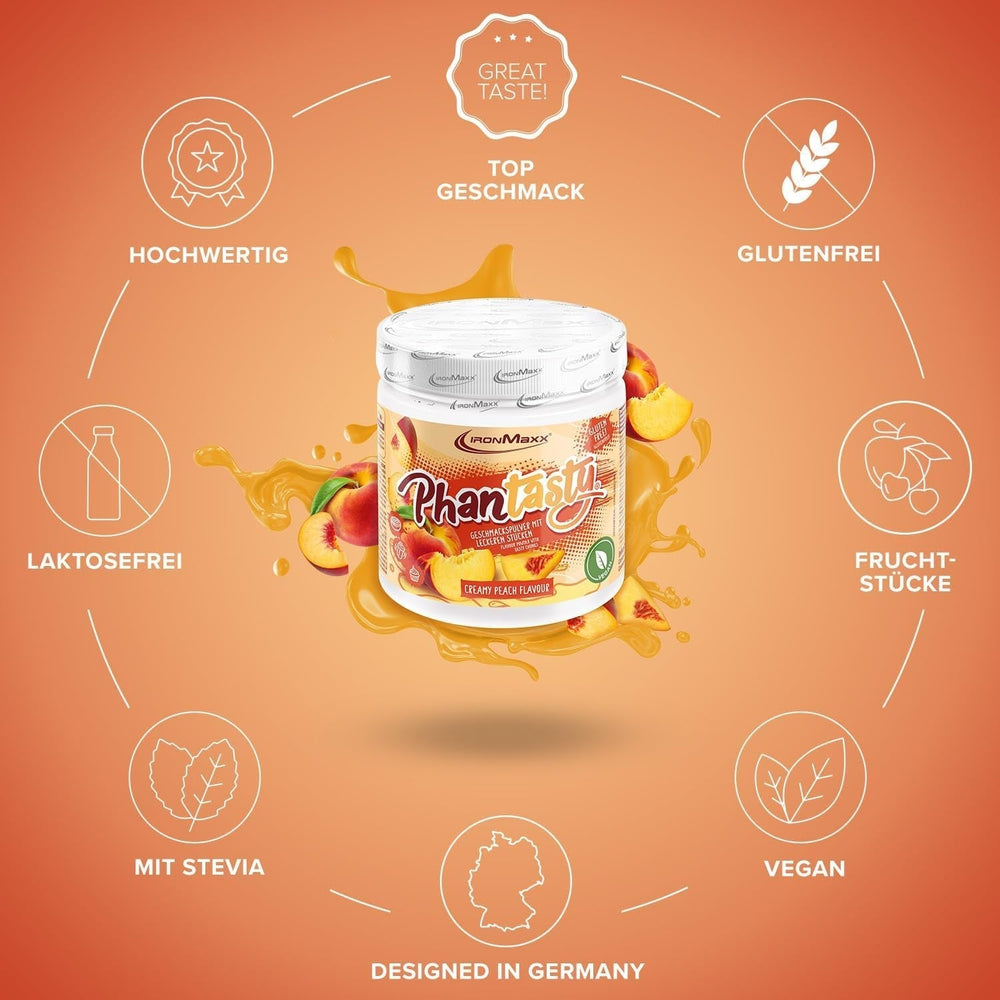 Ironmaxx Phantasty - Creamy Peach 250G Dose | Veganes Geschmackspulver Mit Echten Frucht- Oder Nussstückchen | Perfekter Zuckerersatz Indulcitori Naty Shop