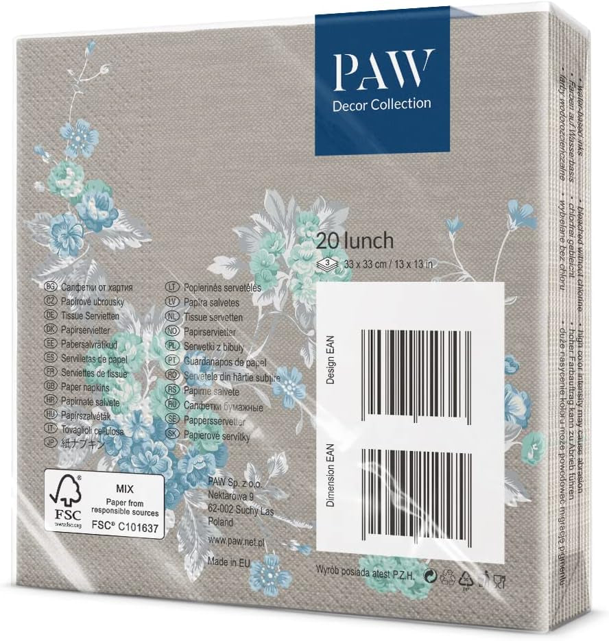 PAW - Șervețele 3 straturi (33 X 33 Cm) I 20 bucăți I Perfect pentru zile de naștere, petreceri, nunți, comuniuni și sărbători I Șervețele de hârtie colorate - flori elegante I Culoare: Peaceful Garden
