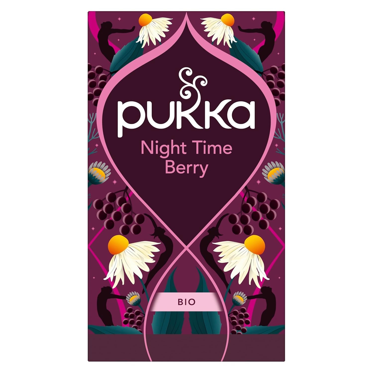 Pukka | Ceai de fructe bio „Night Time Berry” | Mușețel, coacăze negre și mure | Ceai pentru o seară relaxantă | Fără cofeină | Pachet de 1 | 20 pliculețe de ceai