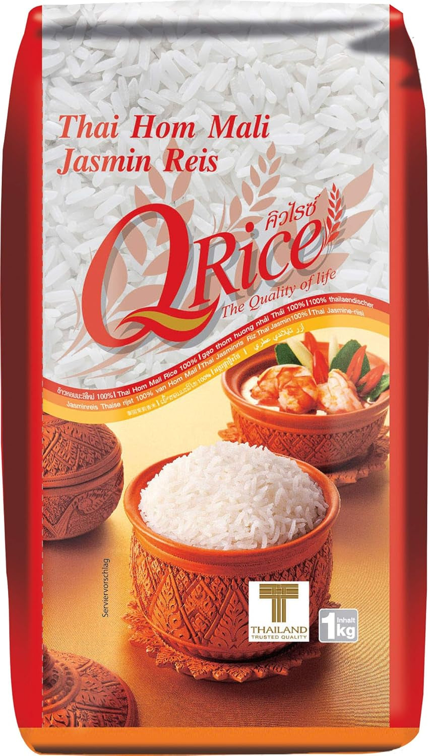 Q RICE – 100% hosszú szemű jázmin rizs Thaiföldről - illatos és aromás, enyhén ragadós állaggal - ideális currykhoz, tálakhoz és ázsiai ételekhez - 1 x 5 kg