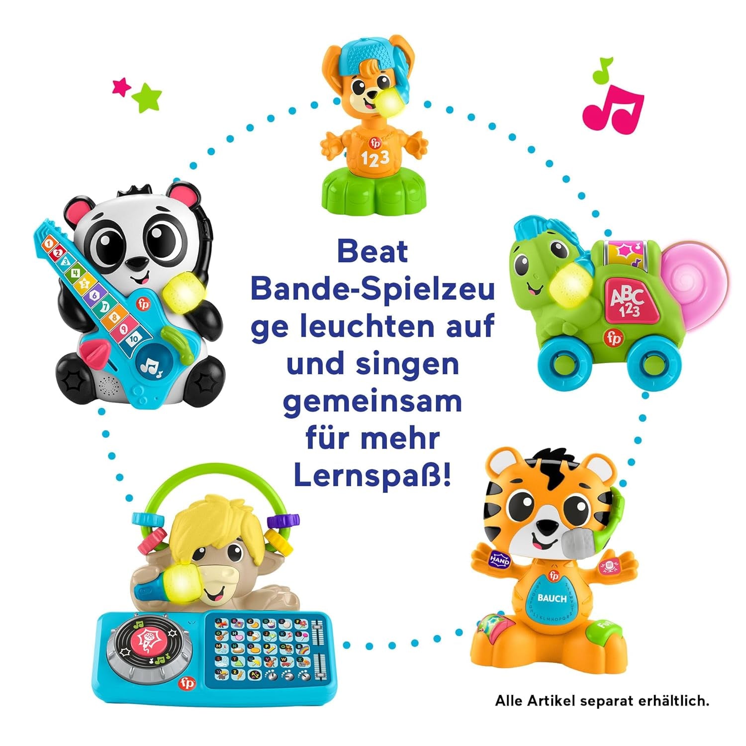 Jucărie educativă Fisher-Price pentru bebeluși și copii mici, Beat Bande Lern & Tanz Tiger Justin cu sunete și lumini pentru copii începând cu vârsta de 9 luni, ediție germană, HYL31 Jucarii Bebe Naty Shop