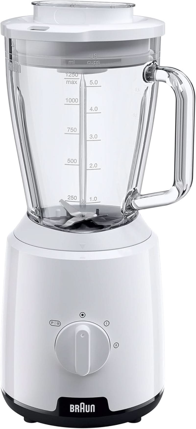 Braun Powerblend 1 JB1050WH - Standmixer Mit 1,5 L Glas-Mixaufsatz, Küchenhelfer Zum Zerkleinern, Pürieren & Mixen, Ice-Crush-Funktion, 2 Geschwindigkeiten, 600 Watt, Weiß Natysat-Bucaußf Glas-Mixaufsatz