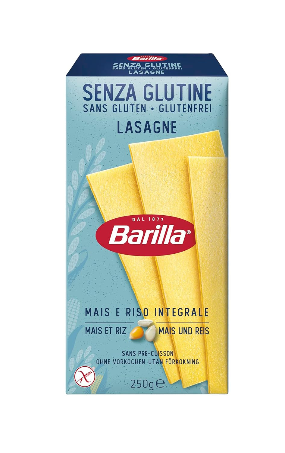 Barilla tészta gluténmentes lasagna, finom kukoricából és rizzsel, tökéletes cöliákiában vagy gluténérzékenységben szenvedőknek, 10 db-os (10 x 250 g) csomag