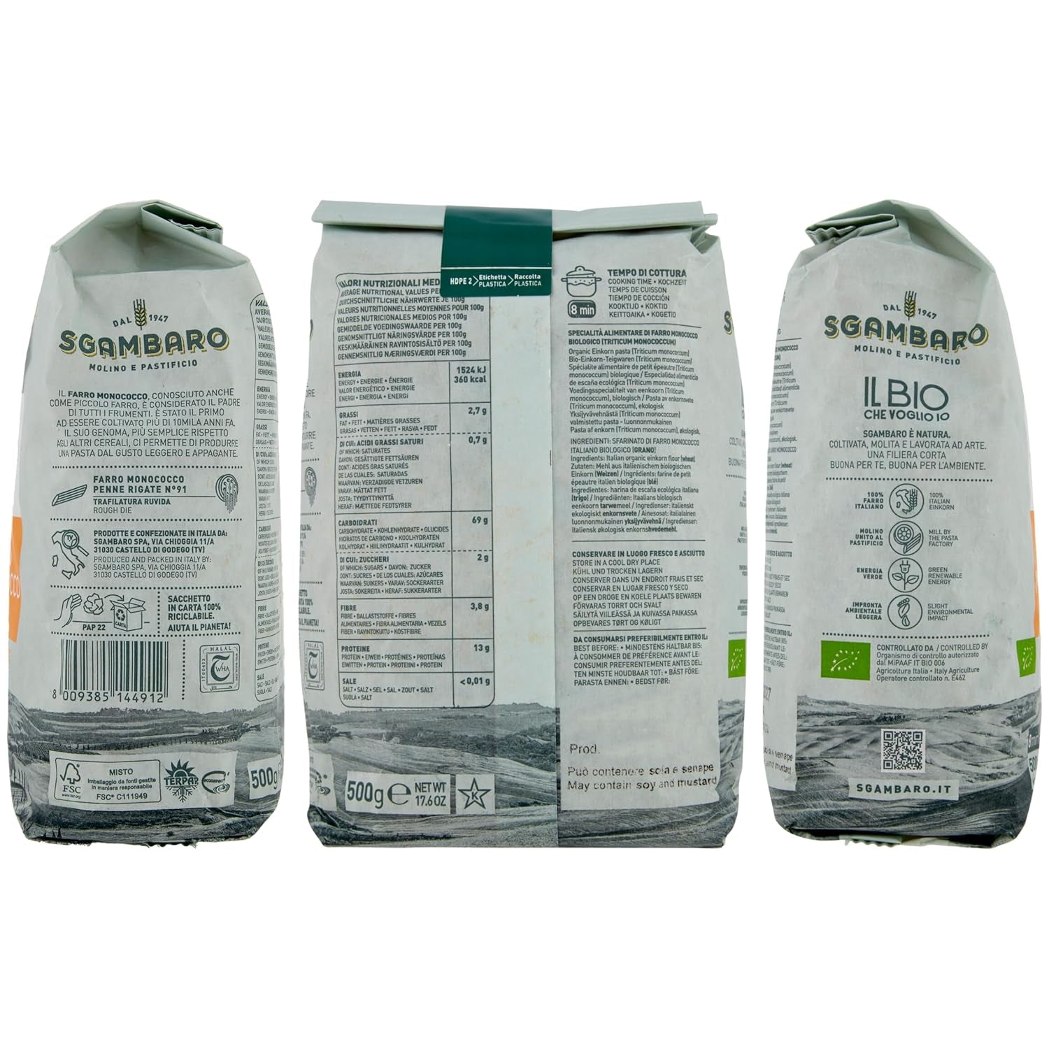 Bio Penne Rigate tészta N.91 - 500g Alacsony zsírtartalmú búza tészta - Rost- és fehérjeforrás