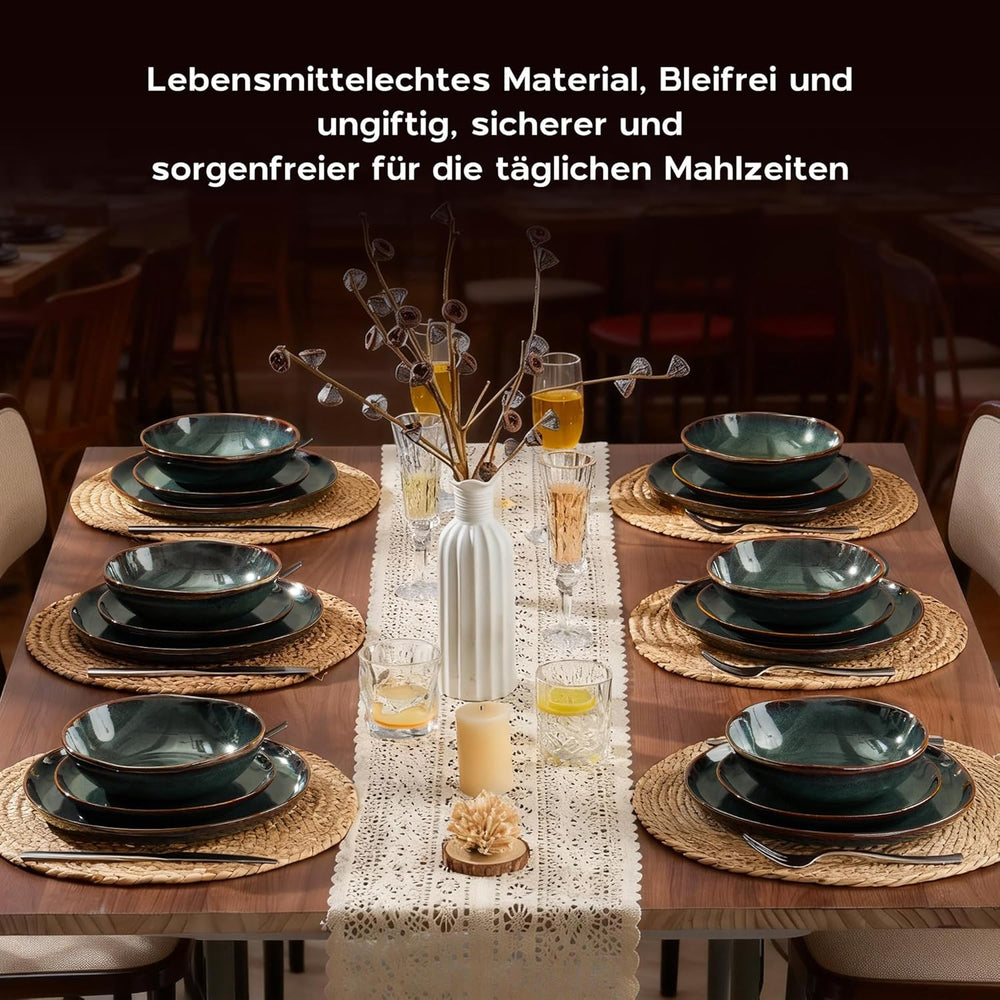 Set de veselă pentru 6 persoane, set de servire din gresie ceramică cu 24 de piese, set de veselă rotund neregulat cu farfurii, farfurii de desert, boluri pentru cereale, potrivit pentru cuptorul cu microunde și mașina de spălat vase, verde tundra reactiv