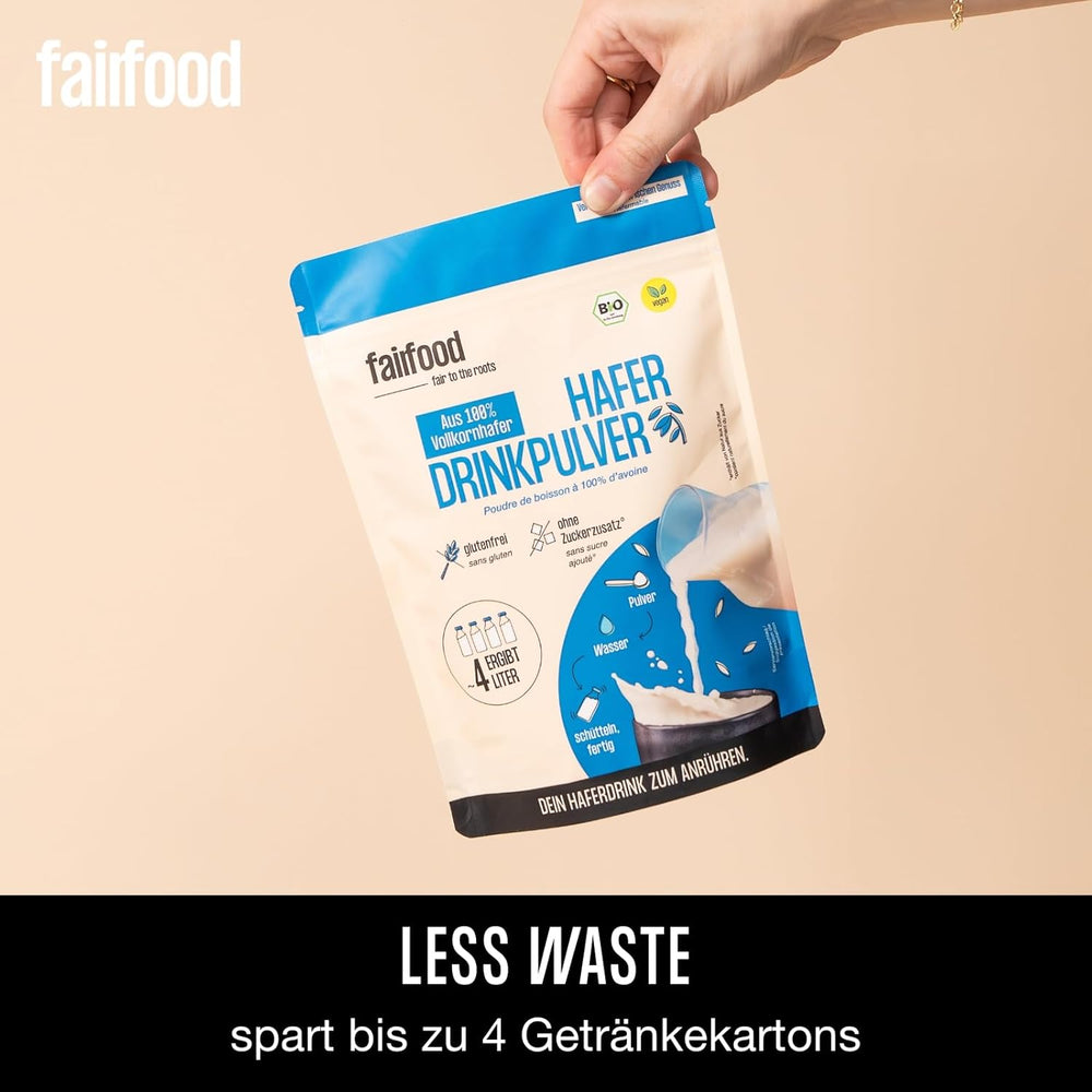 fairfood Bio Haferdrink Pulver 360g - nachhaltige Milchalternative - vegán, glutenfrei und ohne Öl - bis zu 4L Haferdrink - zum Selbermischen - 100% Bio-Vollkornhafer