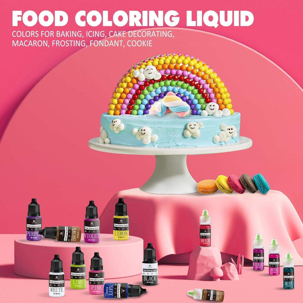 Colorant alimentar - 20 de culori x 10 ml coloranți alimentari concentrați lichizi pentru decorarea torturilor, copt, fursecuri, macaroane - Colorant alimentar fără zahăr pentru băuturi, decorarea torturilor, slime DIY, ouă de Paște