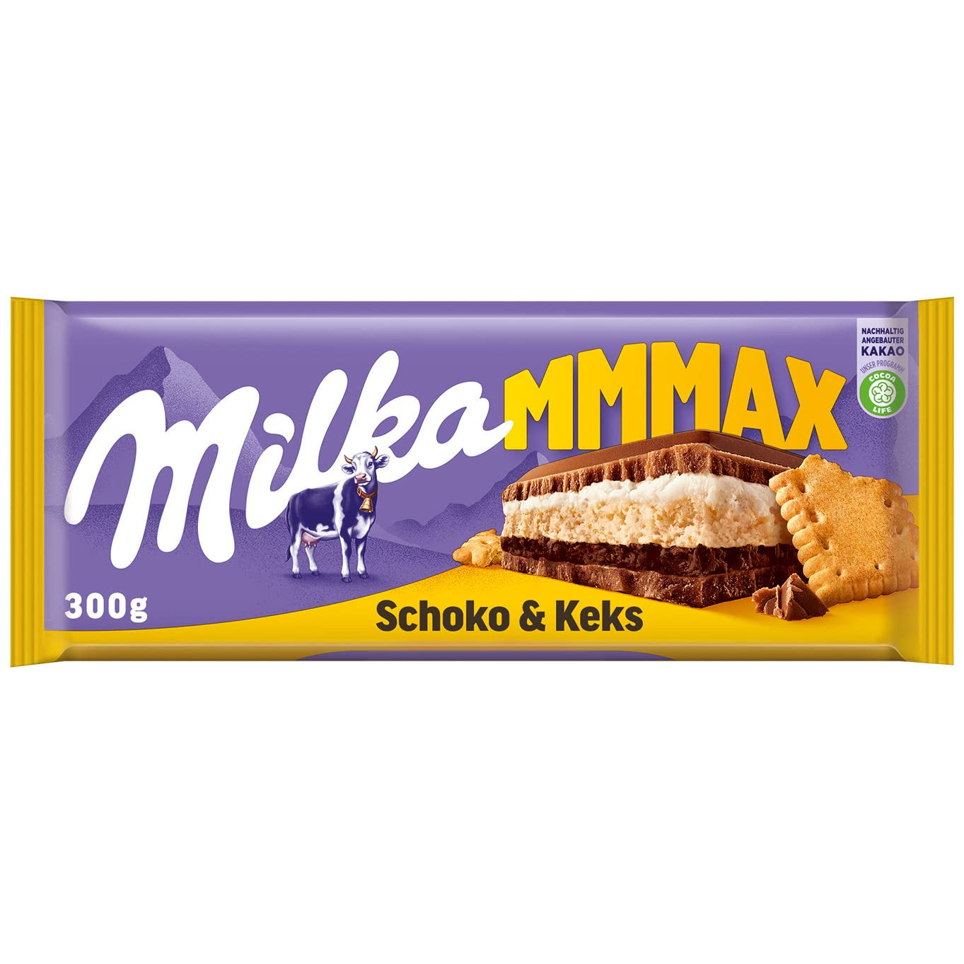 Milka Mmax csokoládé és keksz – alpesi tejcsokoládé tejszínes töltelékkel és ropogós kekszdarabokkal – 300g
