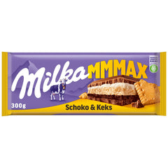 Milka Mmax csokoládé és keksz – alpesi tejcsokoládé tejszínes töltelékkel és ropogós kekszdarabokkal – 300g