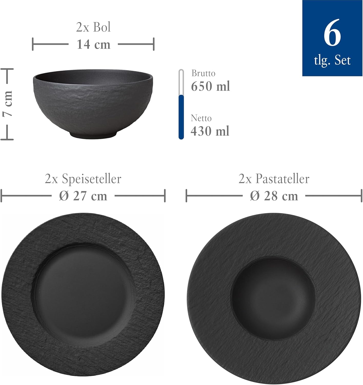 Villeroy & Boch – Manufacture Rock Starter-Set 6 Teilig Schwarz, Spülmaschinenfest, Mikrowellensicher, Geschirr Set Schwarz Matt, Tafelservice, Essgeschirr, Premium Porzellan asztali készletek Naty Shop