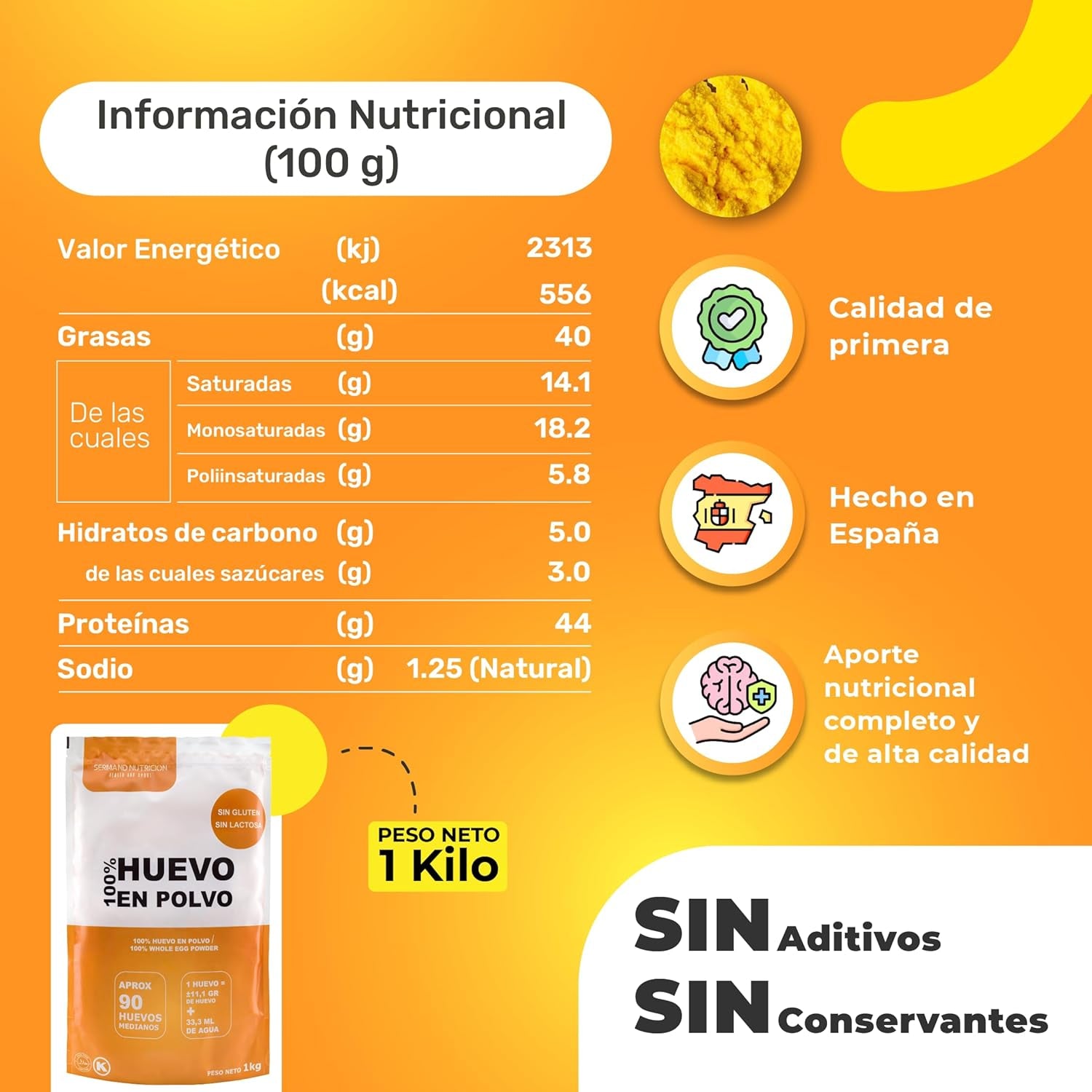 Eipulver aus Freilandeiern (1kg) | Pasteurisiertes Vollei Pulver | Ohne Zusatztoffe | Glutén- és laktózmentes | Vakuumverpackung im Zip-Beutel