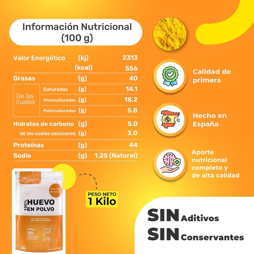 Eipulver aus Freilandeiern (1kg) | Pasteurisiertes Vollei Pulver | Ohne Zusatztoffe | Glutén- és laktózmentes | Vakuumverpackung im Zip-Beutel