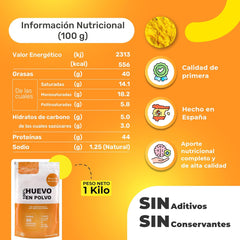Eipulver aus Freilandeiern (1kg) | Pasteurisiertes Vollei Pulver | Ohne Zusatztoffe | Glutén- és laktózmentes | Vakuumverpackung im Zip-Beutel