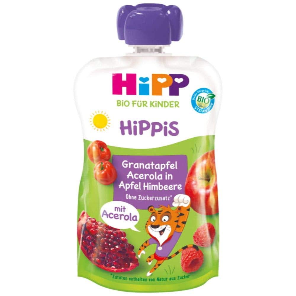 Hipp Super-Hippis préselt zacskók, gránátalma acerola almás-málnában, 100% bio gyümölcs hozzáadott cukor nélkül, 6 zacskó 100 g Mother and Child Naty Shop 6 x 100 gramm Gránátalma Acerola Alma Málna