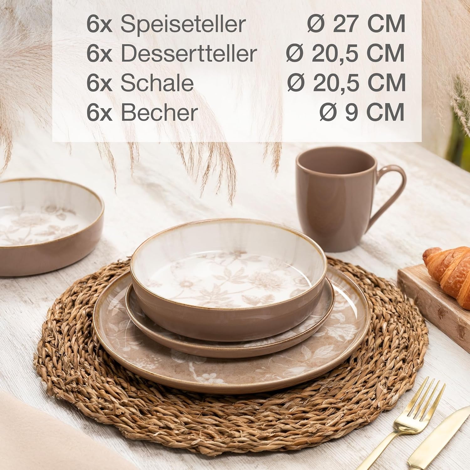 Set de veselă din gresie Moritz & Moritz MARIELLA pentru 6 persoane, 24 de piese - Veselă modernă bej cu un design jucăuș, serviciu de cafea ușor de întreținut cu farfurii, boluri și cești - Set combinat