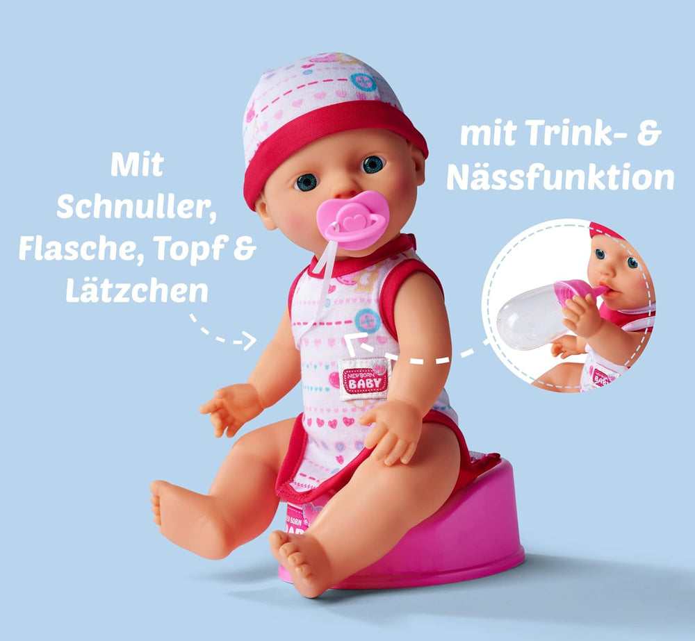 Simba 105037800 - New Born Babyset, 2-fach sortiert, es wird nur ein Artikel geliefert, Vollvinylpuppe mit Trink- und Nässfunktion, Pacifier, Flasche, Topf und Lätzchen, 30 cm, max 3 év