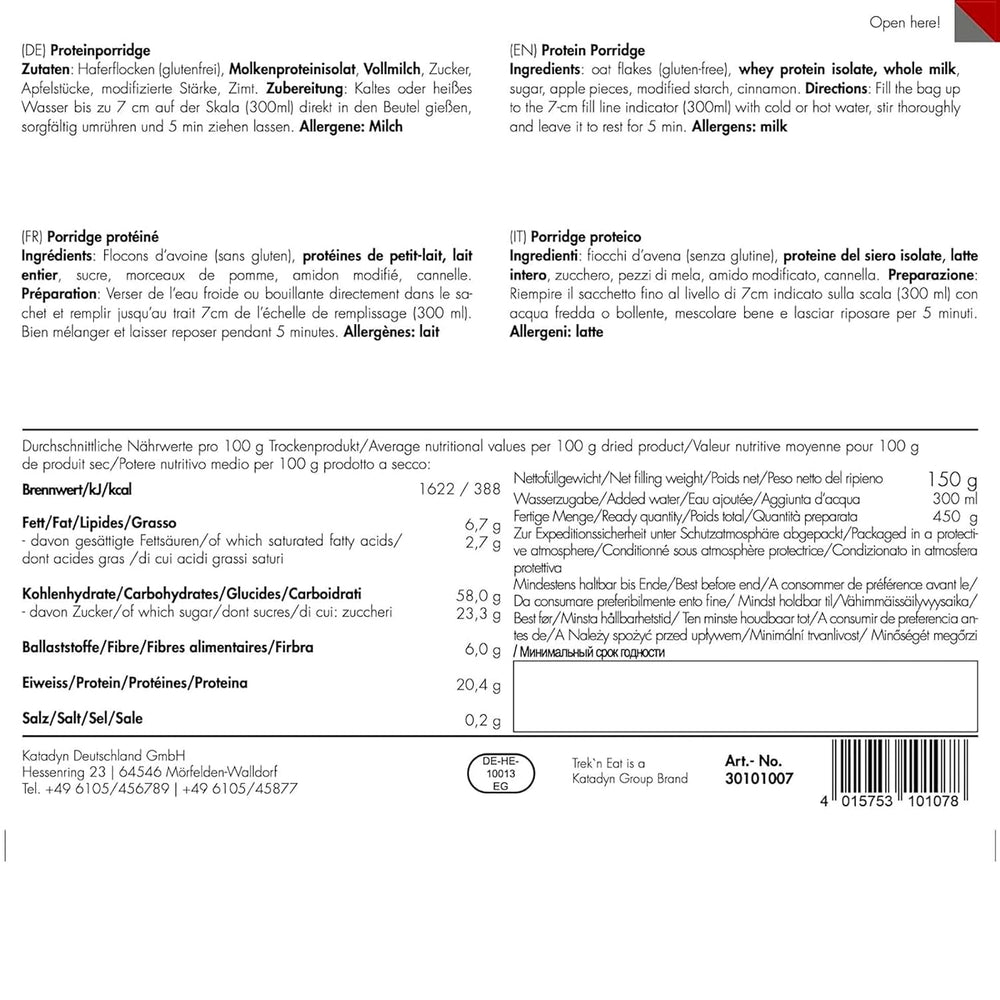 Trek'n Eat Protein Porridge – Magas fehérjetartalmú reggeli a szabadban | Fagyasztva szárított asztal kempingezéshez, túrázáshoz és expedíciókhoz | Töltő, gyorsan elkészíthető, utazáshoz ideális