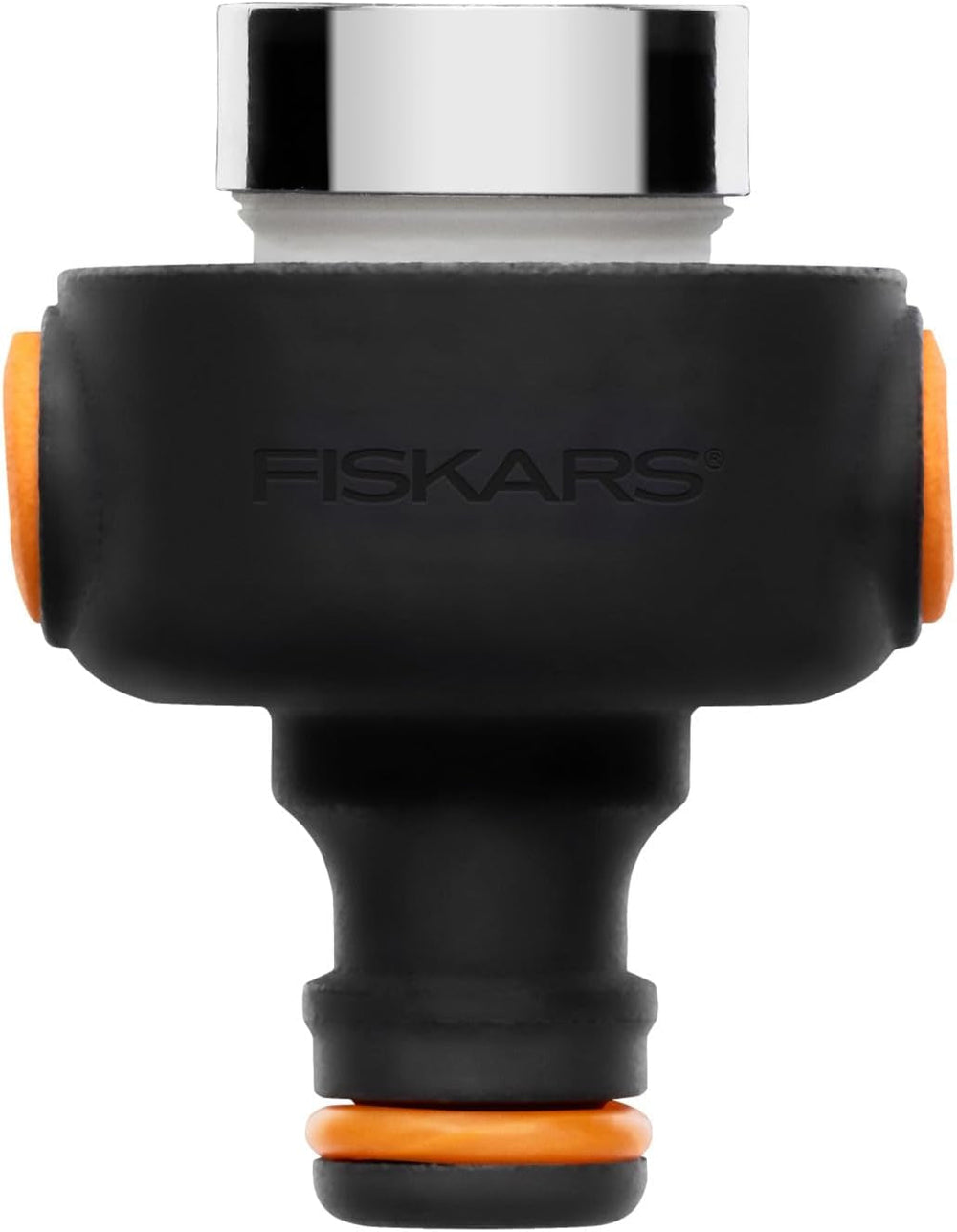 Conector multi-filet Fiskars, filet interior pentru diferite dimensiuni de robinet, pentru trei dimensiuni de filet Ø 21 mm (1/2"), Ø 26,5 mm (3/4") și Ø 33,3 mm (1"), 17 g, negru/portocaliu, 1027051