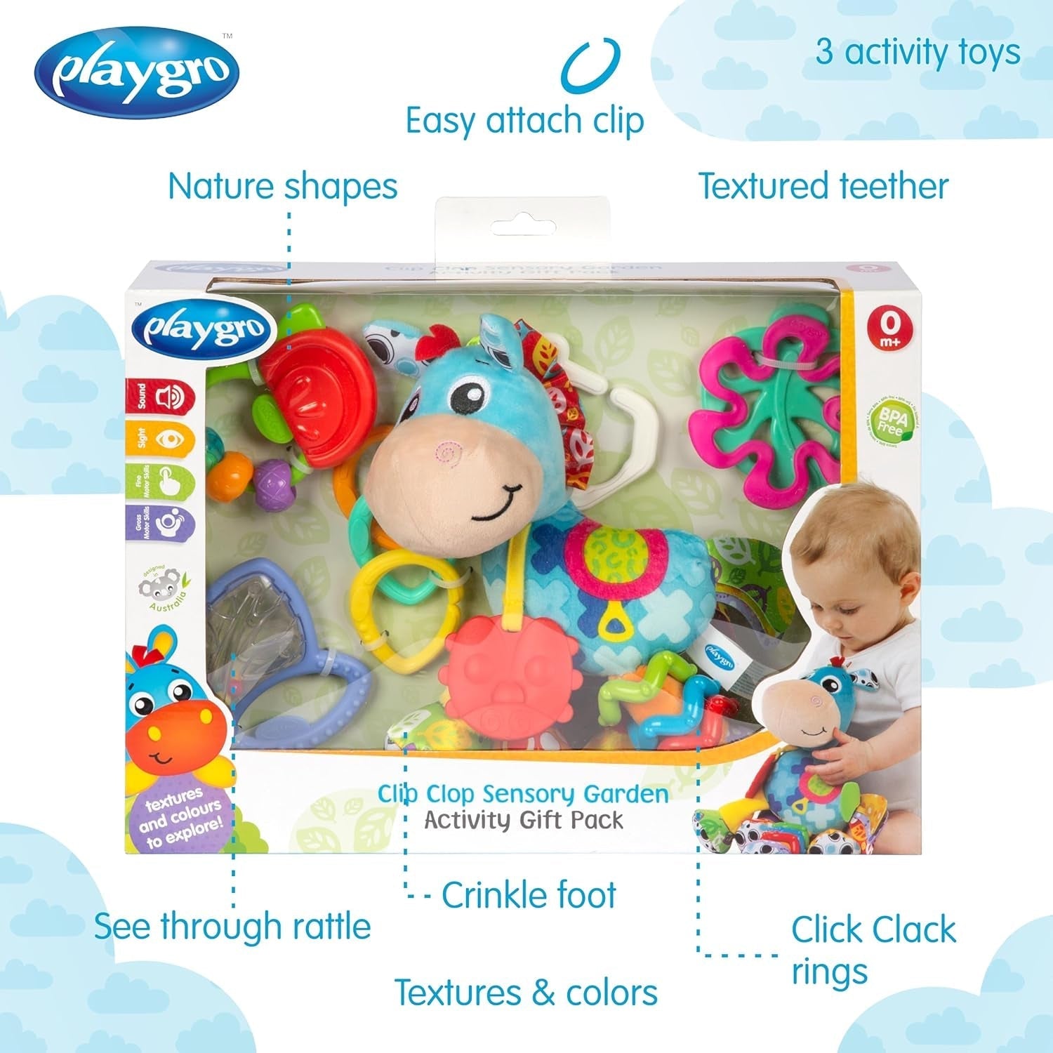 Pachet cadou cu activități Playgro Clip Clop Sensory Garden – jucărie senzorială pentru grădină pentru bebeluși de la 0 luni – jucărie interactivă cu zornăitoare, inel de dentiție și prieten pentru cărucior – 4 piese