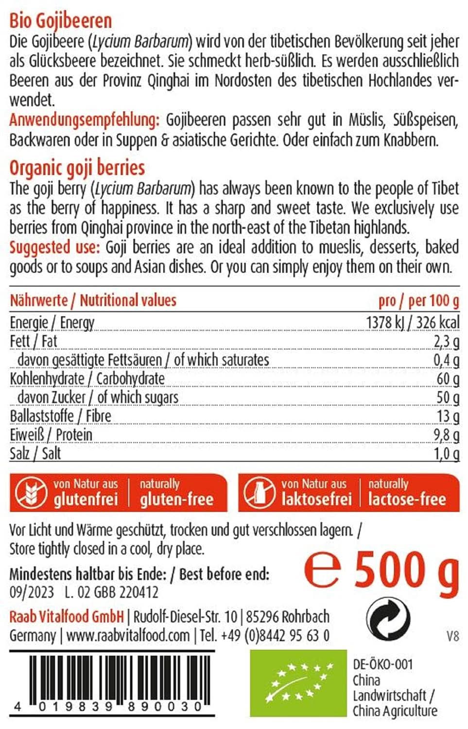 Raab Vitalfood Organic Goji Bogyó, prémium minőségű, 500 grammos Naty Shop dehidratált termékek