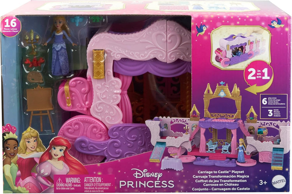 Mattel Disney Princess Transforming Playset Carriage to Castle With Little Aurora Doll, 3 nivele, 6 zone de joc, 4 figuri, mobilier și accesorii HWX17 Papusi Naty Shop