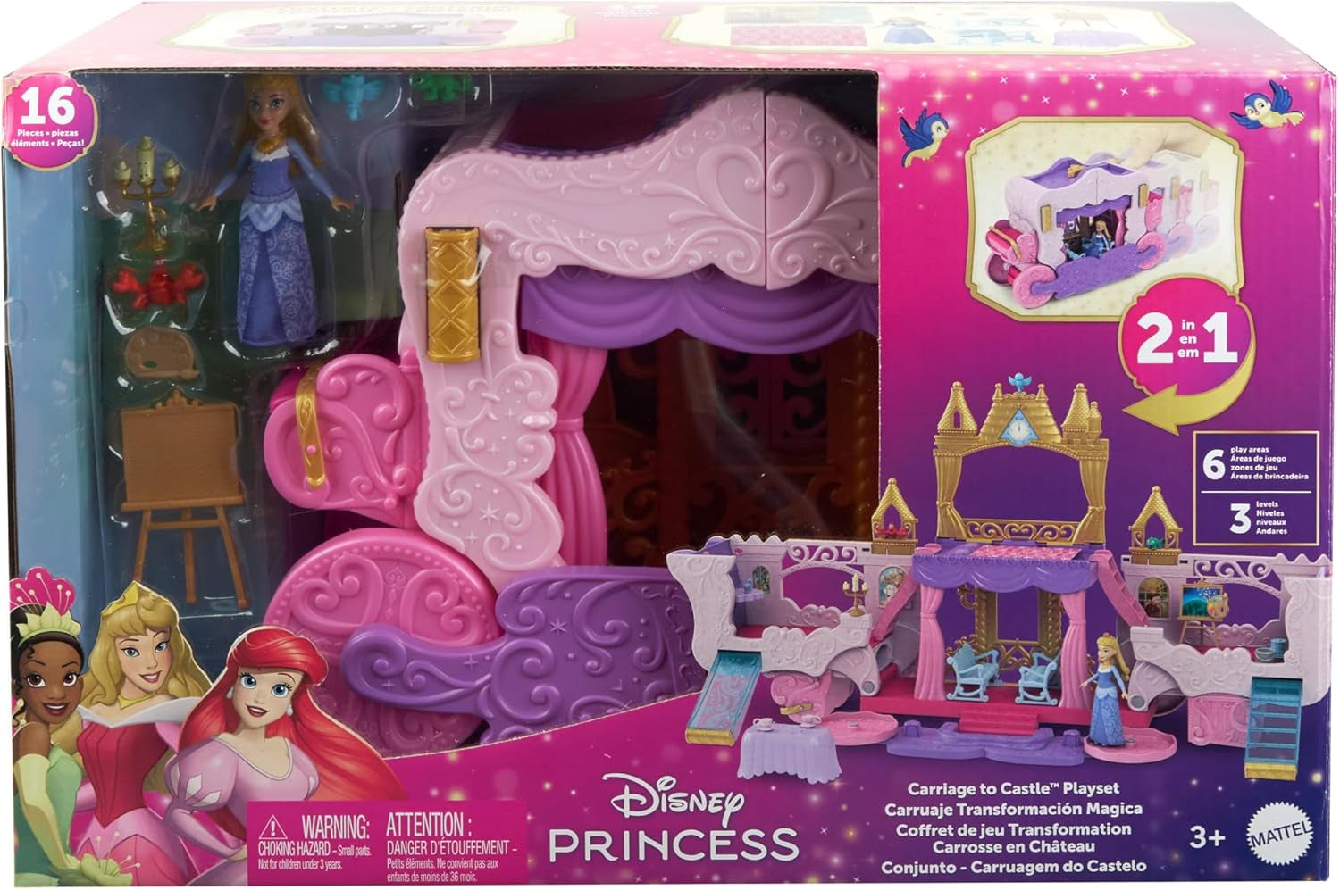 Mattel Disney Prinzessin Verwandlungs-Spielset Kutsche zu Schloss mit kleiner Puppe Aurora, 3 Ebenen, 6 Spielbereichen, 4 Figuren, Möbeln & Zubehör HWX17