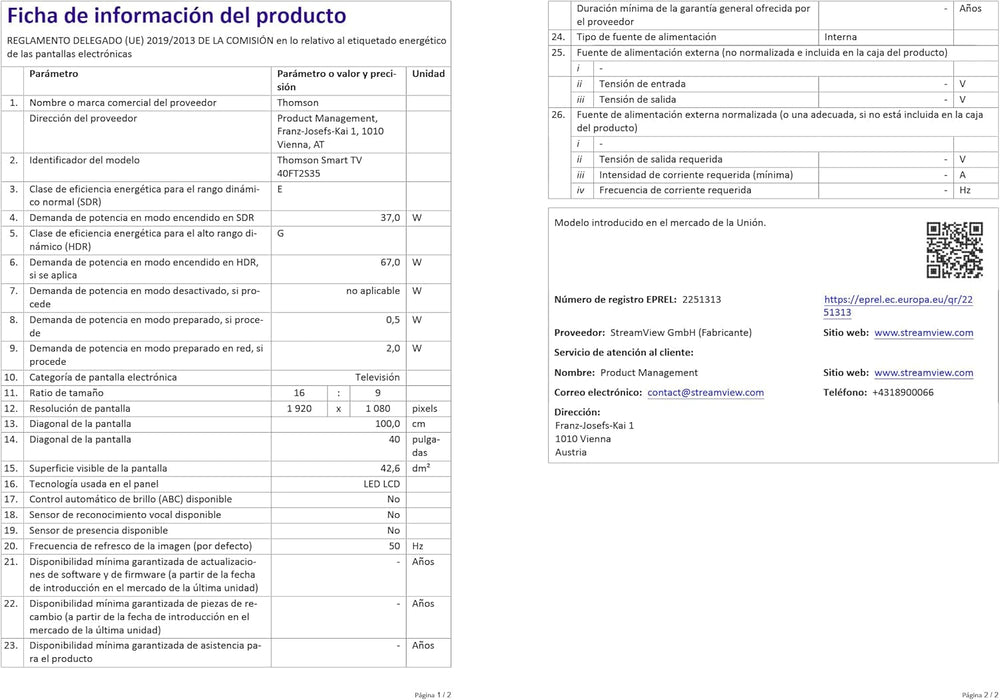 Televizor inteligent THOMSON FHD de 40 de inci (100 cm), Wi-Fi, control vocal, HDR10, Dolby Audio, tuner triplu (cablu/satelit/antenă), HDMI, USB, 1 GB RAM, 4 GB Flash – 40FT2S35