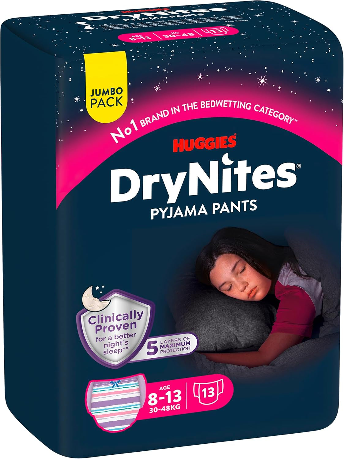 Huggies DryNites éjszakai ágybavizes pelenkák 13 és kb. 8-13 év közötti fiúknak (30-48 kg) 33 részes (3x11) Jumbo havi csomag XL pelenka bugyi Vazba fürdőtermékek