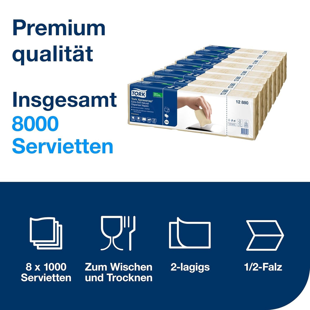 Șervețel dispenser Tork Xpressnap Extra Soft Nature N4, Premium, 1/2 ori 2 straturi, 21,3 cm X 16,5 cm, 8 × 1.000 șervețele, 12880
