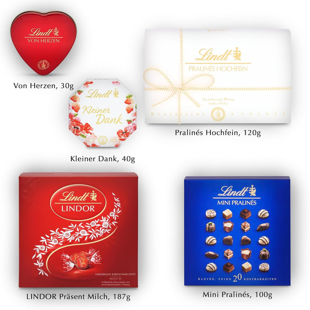 Lindt csokoládé praliné ajándékkészlet | 477g | 5 doboz Lindt praliné a következő változatokban: Exquisite, Mini Praliné, LINDOR Gift, Kis köszönet, Szívből | Praliné ajándék | Csokoládé ajándék