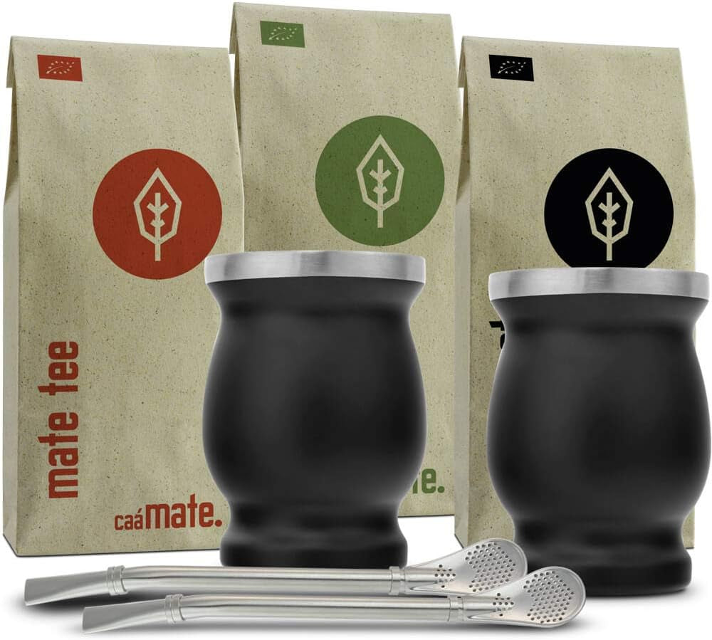 Set ceai Mate Bio ● 3 sortimente de Mate + 2 căni Mate din oțel inoxidabil cu pereți dubli + 2 bombillas + instrucțiuni de preparare (negru)