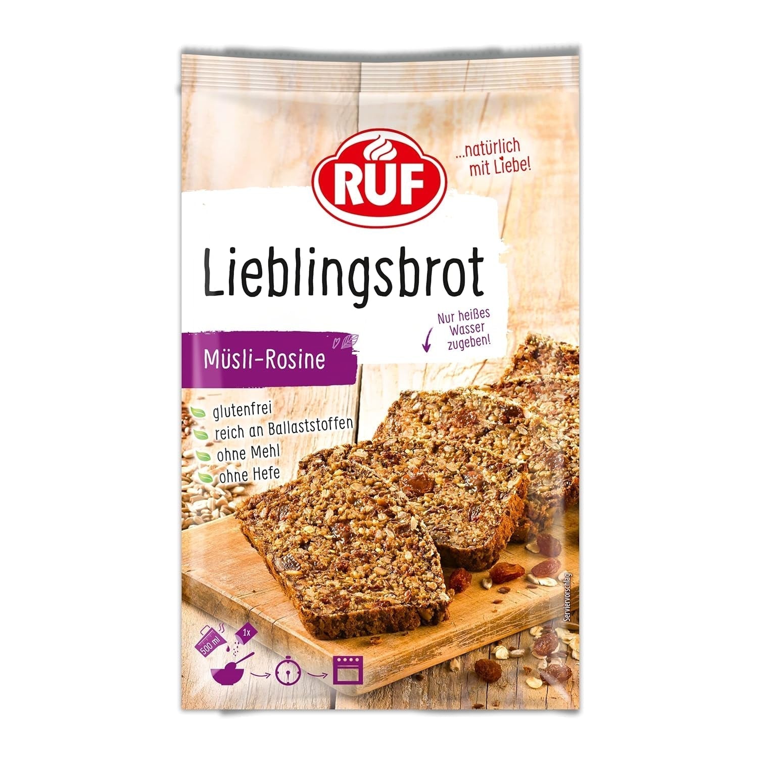 RUF Lieblingsbrot Protein, Brot-Backmischung, Brotmischung, Brotteig-Mischung, Proteinreiches Brot, Glutenfrei, Ohne Mehl & Hefe, 1 X 500G Naty Shop 600 G (1 Er Pack) Müzli-Rasine