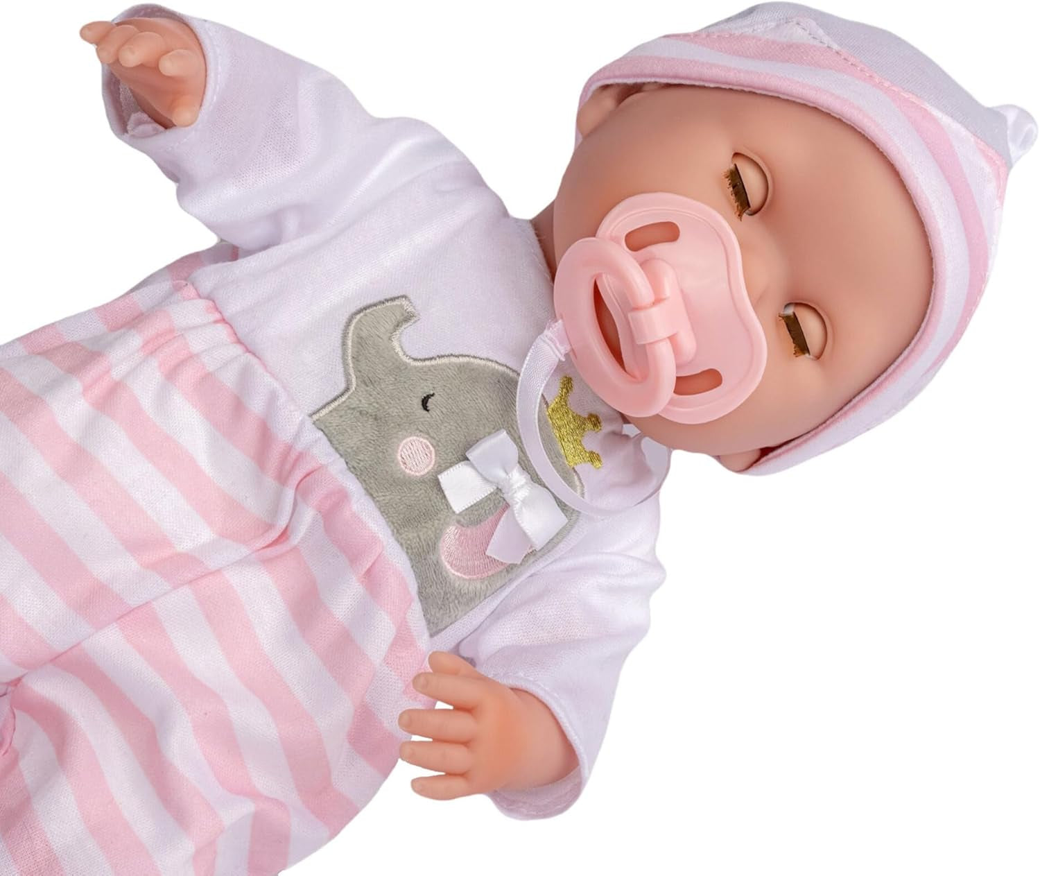 JC Toys- Berenguer Boutique 38 cm-es, valósághű Babystoffpuppe mit open/geschlossenen 10-teiliges Geschenkset mit Flasche, Rassel, Schnuller & Zubehör Rosa From 2 Jahren