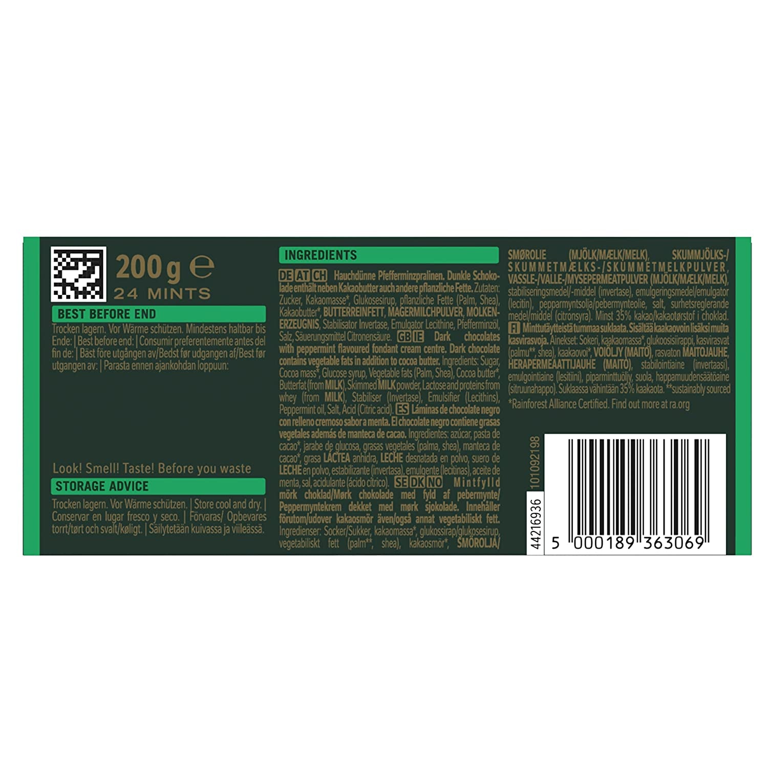 NESTLÉ AFTER EIGHT Vékony étcsokoládé négyzet mentakrémes töltelékkel ínyenceknek 5 db-os csomag (1 x 200 g)