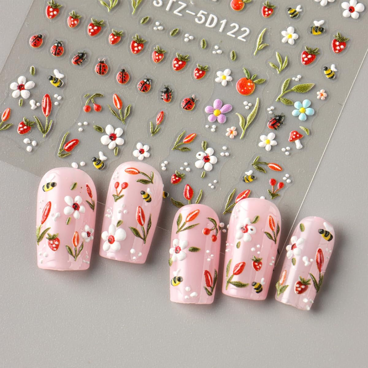 JMEOWIO 3D Nagelsticker Blumen Frucht Nail Art Sticker Selbstklebend Nagelaufkleber 5D Stereoskopisch Dekoration Nageldesign Zubehör 4 Blatt