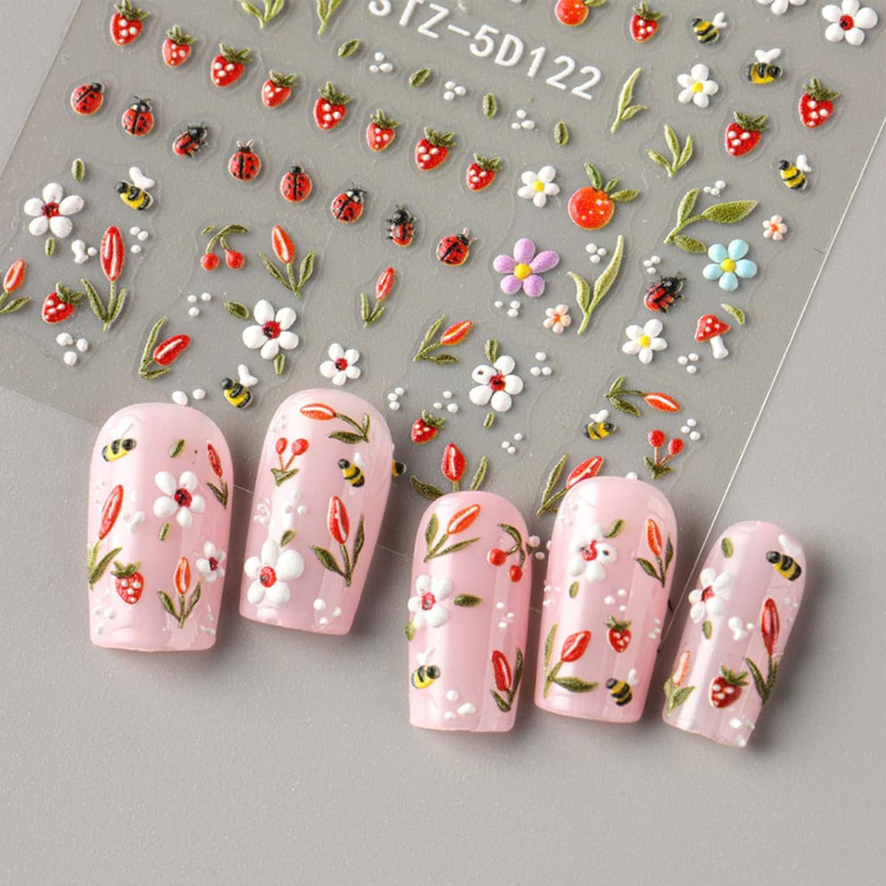 JMEOWIO 3D Nagelsticker Blumen Frucht Nail Art Sticker Selbstklebend Nagelaufkleber 5D Stereoskopisch Dekoration Nageldesign Zubehör 4 Blatt