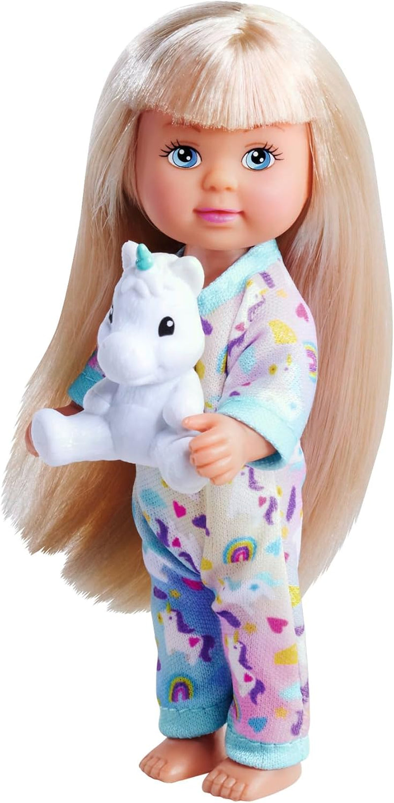 Simba Evi Love Pijama, 3-Fach Sortiert, es Wird nur EIN Artikel gelifert, Puppe in einem süßen Pijama mit Einhornkuscheltier, 12cm Spielpuppe, ab 3 Years