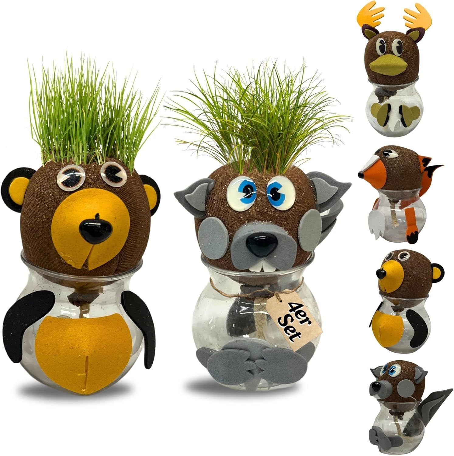 Bada Bing Graskopf 4er készlet incl. Wasserbehälter Waldtiere DIY Tiere – Rasenkopf Tierkopf mit Rasensamen – Experiment für Kinder – Spaß mit Lerneffekt – Geschenk Mitbringsel Kindergeburtstag Mitgebsel