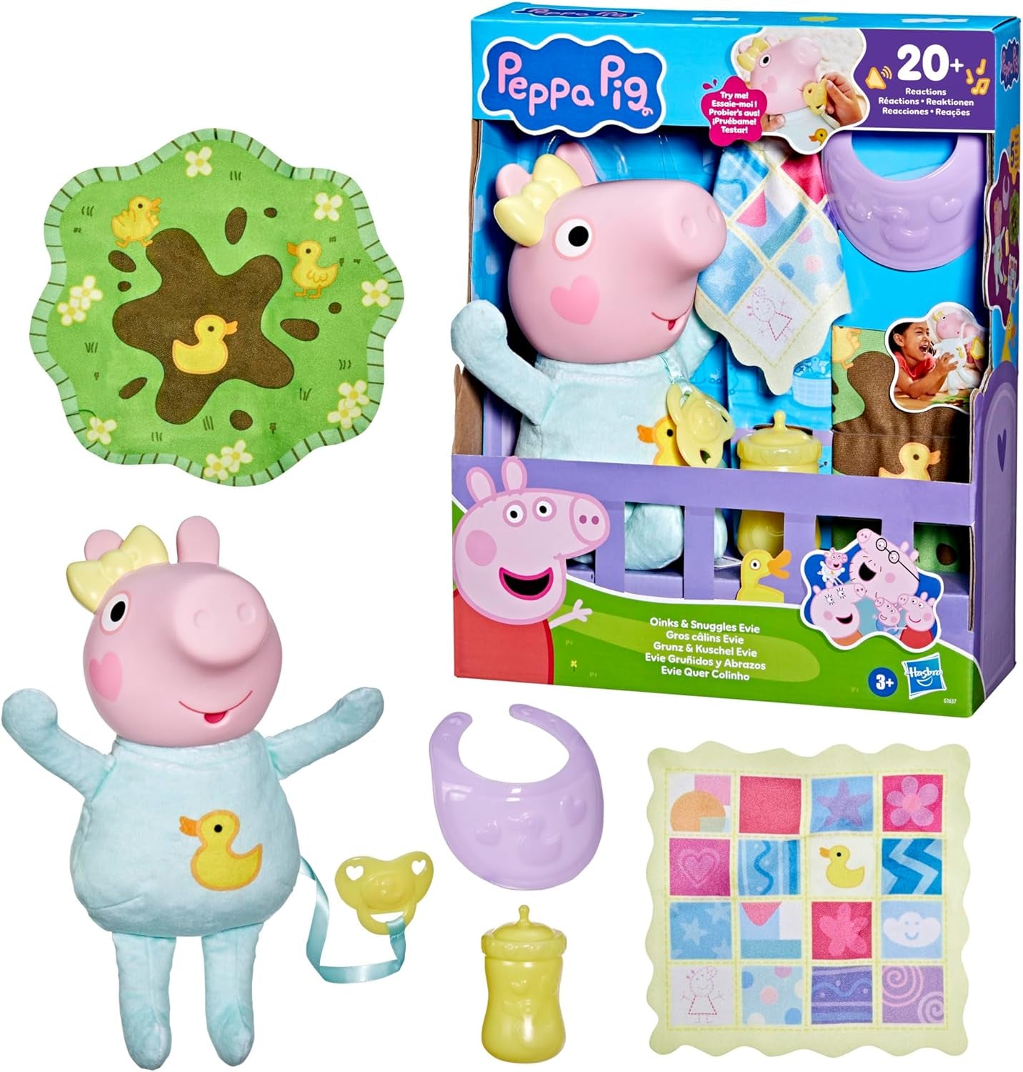Peppa Pig Grunz und Kuschel Evie interaktive Babypuppe, 28 cm große Puppe für Mädchen mit 20 Geräuschen und vielen Funktionen, Spielzeug-Set für Kinder ab 3 Jahren