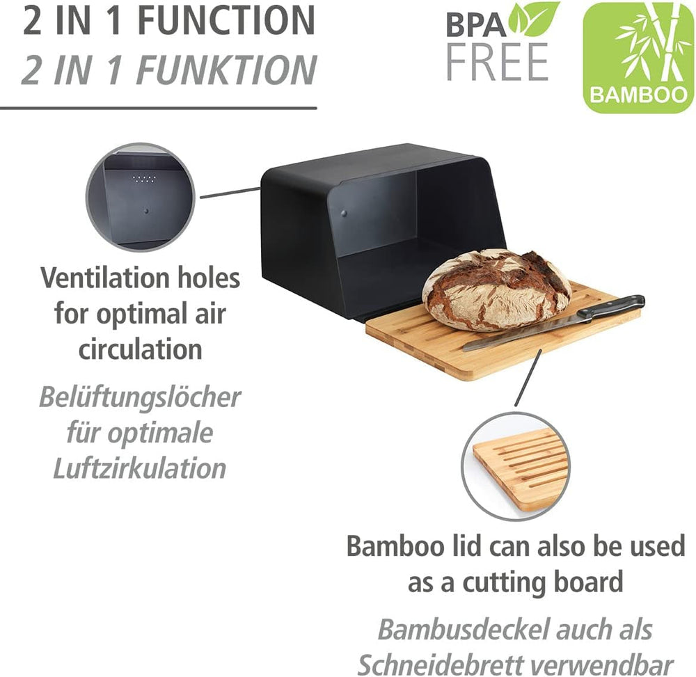 WENKO coș de pâine cu placă de bambus Kubo, depozitare versatilă a pâinii cu capac și placă de tăiere integrată din bambus, cutie de depozitare a alimentelor, depozitare durabilă a pâinii, 35 x 20,5 x 26 cm, negru/natură Cutii depozitare alimente Naty Shop