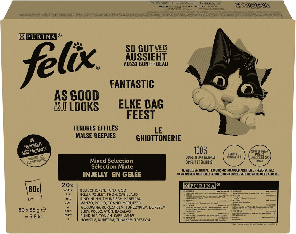 | Zart konisch | ausgewachsene Katze | Gelee | 100% vollständige und ausgewogene Rezeptur | mit Thunfisch, Kabeljau, Rindfleisch und Huhn | Frischebeutel | 80 x 85 g