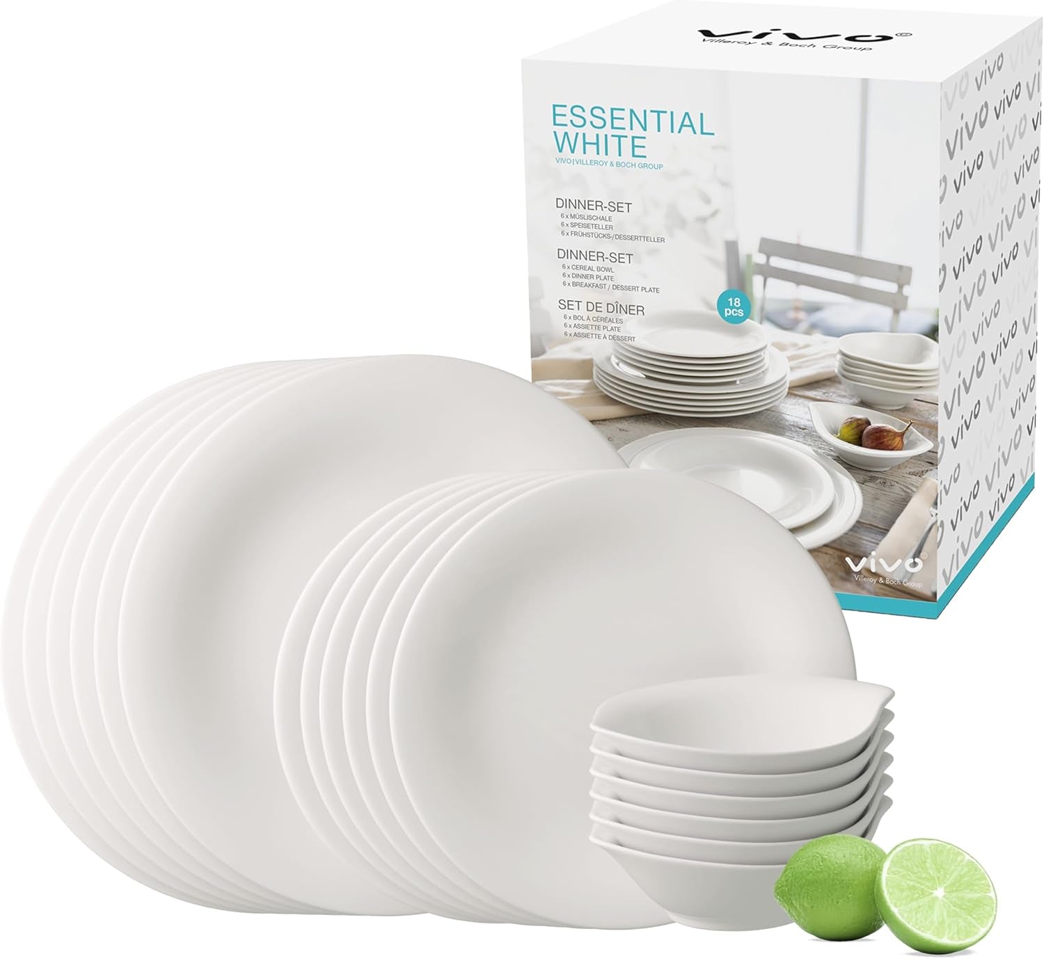 vivo - Villeroy & Boch Group – Essential White Dinner Set 18 tlg. Weiß, Spülmaschinenfest, Mikrowellensicher, Geschirr Set für 6 Personen, Müslischalen, Speiseteller, Dessertteller, Premium Porzellan