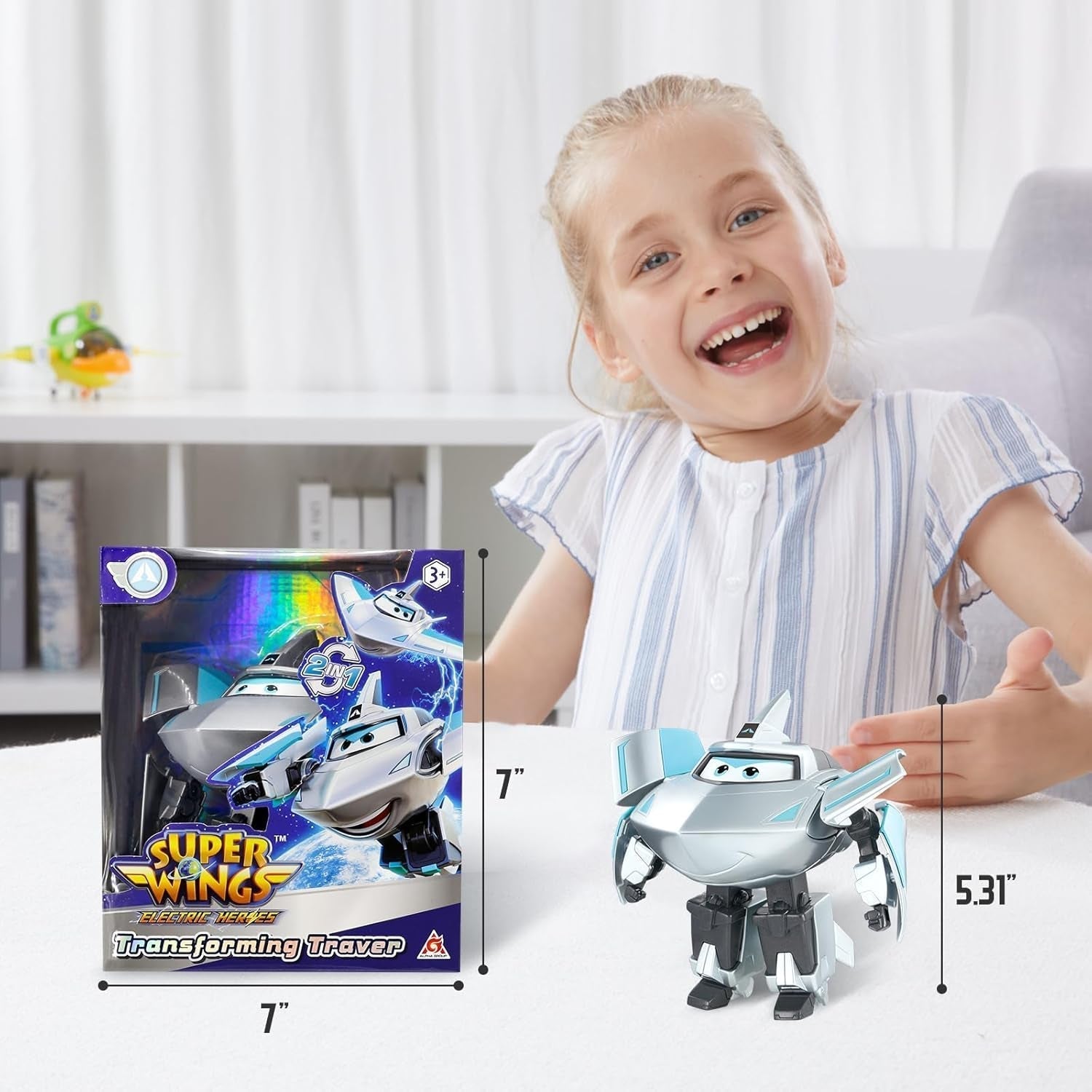 Super Wings Transformation Plane Supercharged Traver, kb. 12,7 cm-es nagy gyerekek Játékfigura Repülőgép és Robot figura fiúknak és lányoknak 3 éves kor felett ezüst akciófigurák Naty Shop