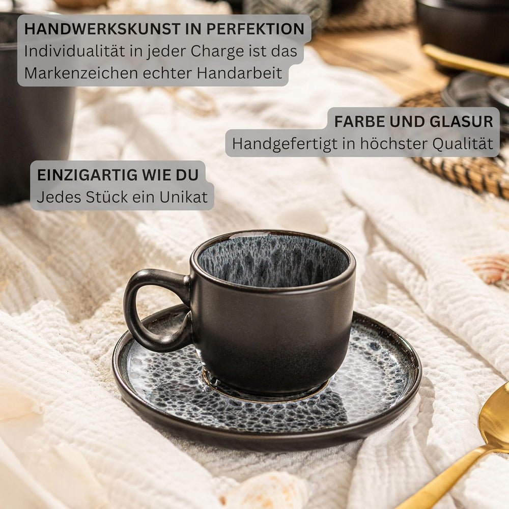 SÄNGER Sydney | Set de 12 căni de espresso din gresie, set de căni Mocha pentru 6 persoane, căni și farfurioare, potrivit pentru mașina de spălat vase și cuptorul cu microunde, gri închis, 80 ml | COLECȚIA VALUE