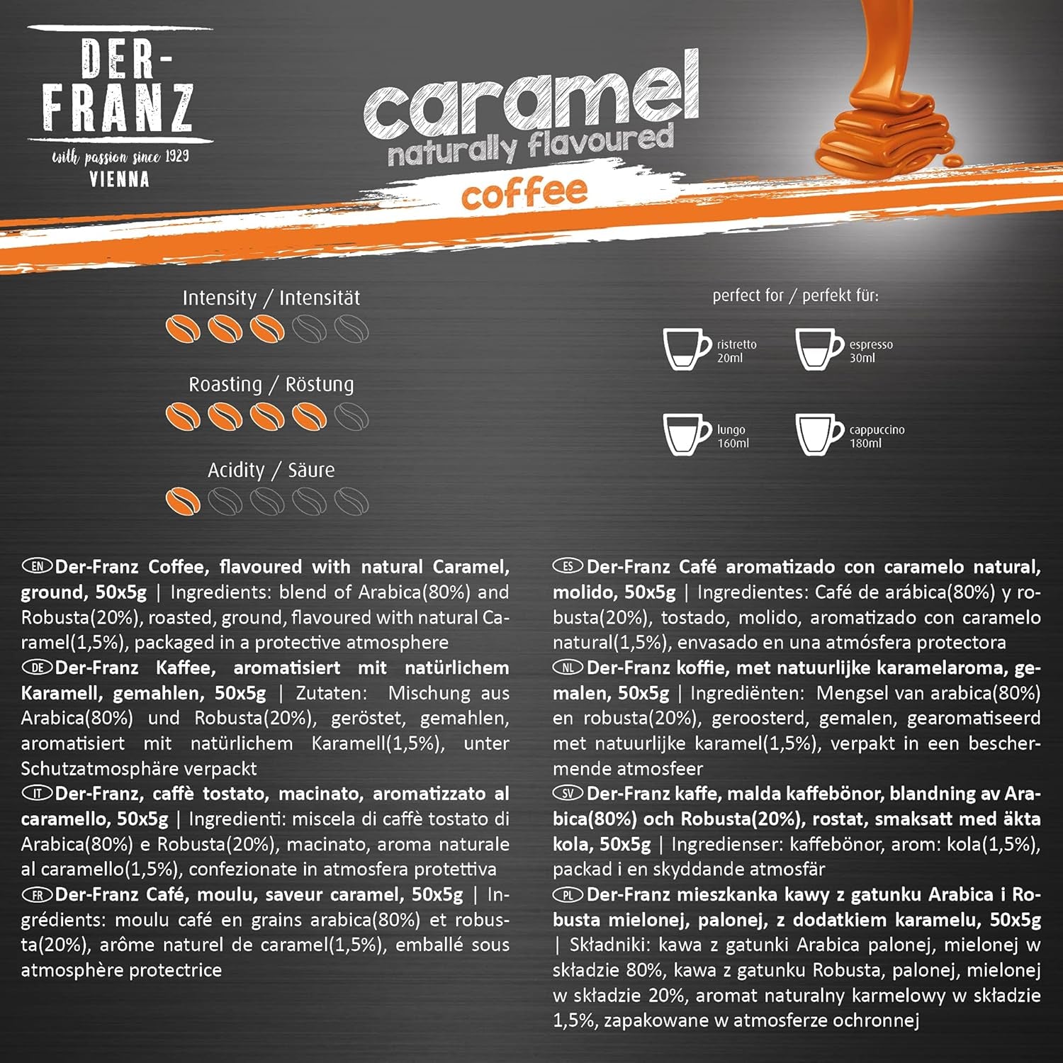 Der-Franz Kaffee Pack, ganze Bohne, aromatisiert, 5 x 500 g (1 x Haselnuss, 1 x Vanille, 1 x Schokolade, 1 x Zimt, 1 x Karamell)